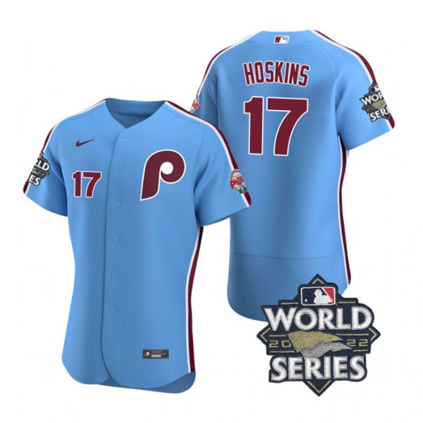 Phillies 17 Rhys Hoskins Blue Nike 2022 World Series Flexbase Jersey,We sell and wholesale Phillies 17 Rhys Hoskins Blue Nike 2022 World Series Flexbase Jersey on line form chian!